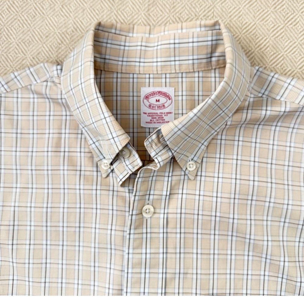 Brooks Brothers Mens Traditional Fit Non-Iron Plaid Button Down Shirt Tan Blue M